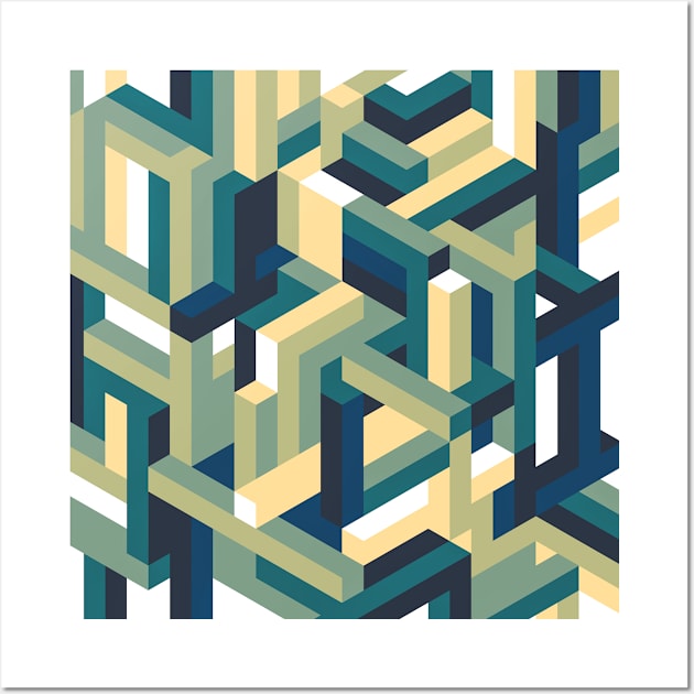 Blue and Green Isometric Maze Wall Art by KimVanG